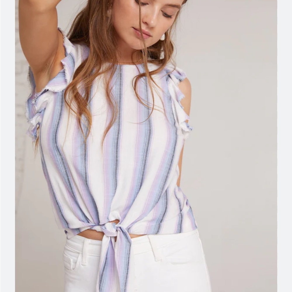 Bella Dahl Womens Size Large Purple Stripe Ruffle Sleeve Tie Front Tank Top